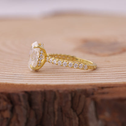 Engagement Oval Ring, Moissanite Halo Setting Yellow Gold Fine Jewelry With Romance