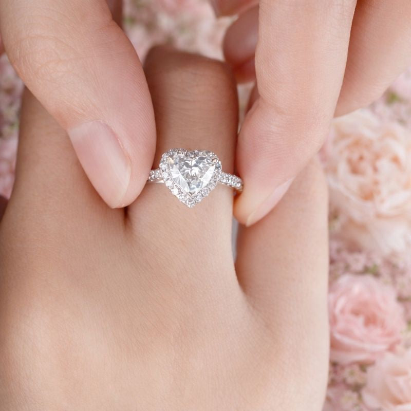 Diamond Pave Ring With Heart Cut Center Stone And Halo
