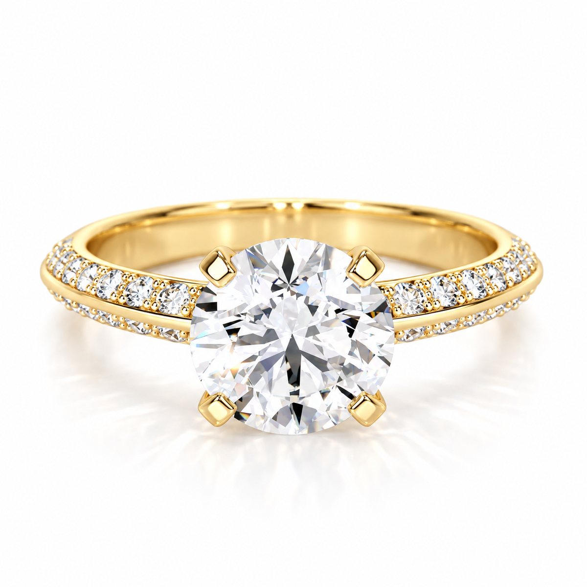 18K gold vermeil round brilliant-cut solitaire engagement ring with pavé diamond split shank band