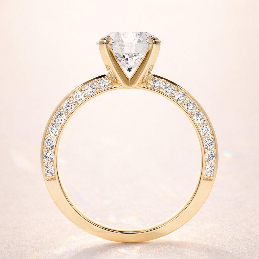 Knife Edge Ring With Round Cut Pave Band And Side Diamonds
