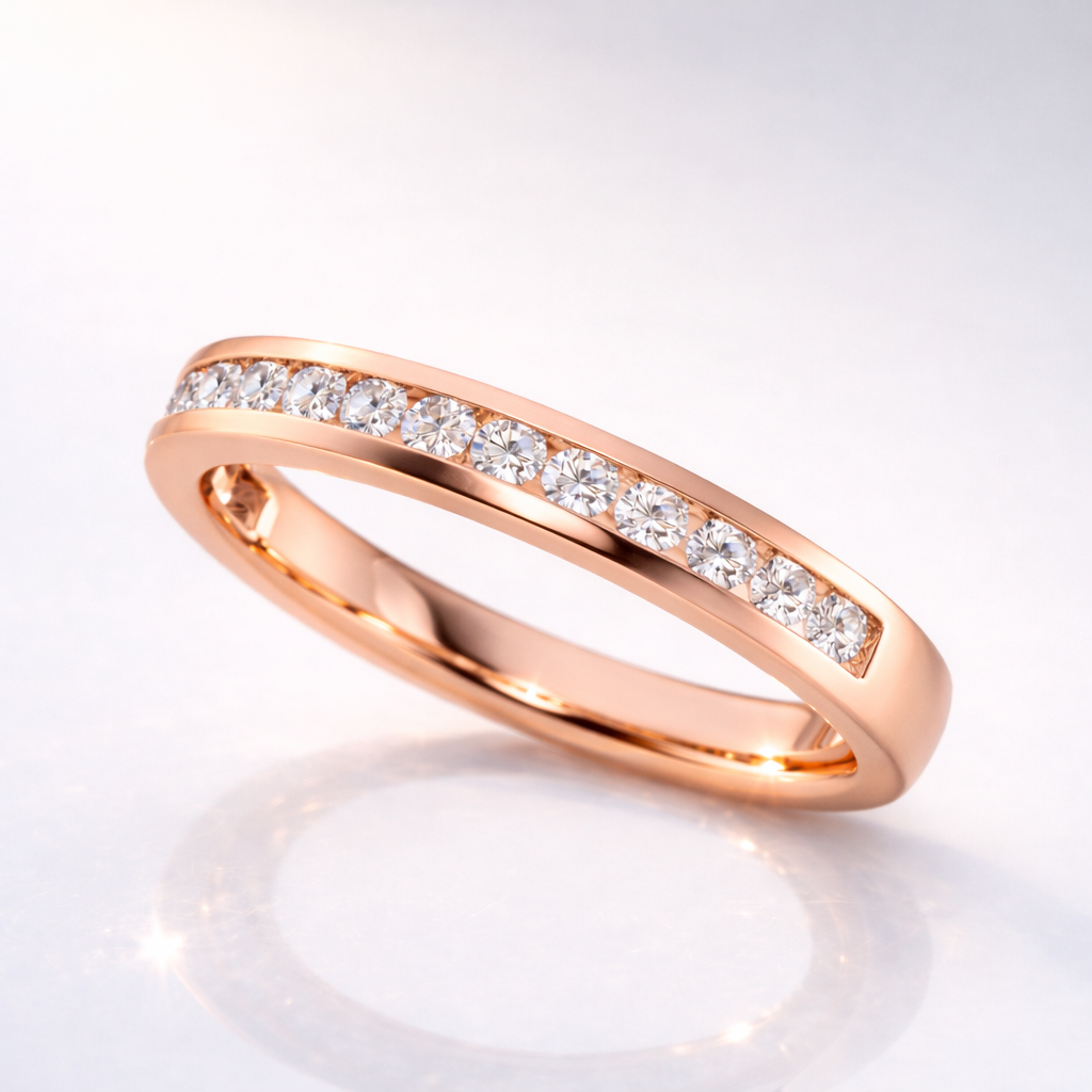 Half Eternity Channel Set Wedding Band With Smooth Gold Finish
