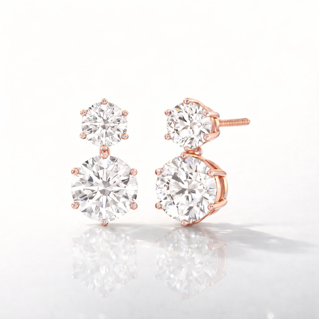 Round Cut Diamond Earrings With A Two Stone Setting In Yellow White Or Rose Gold
