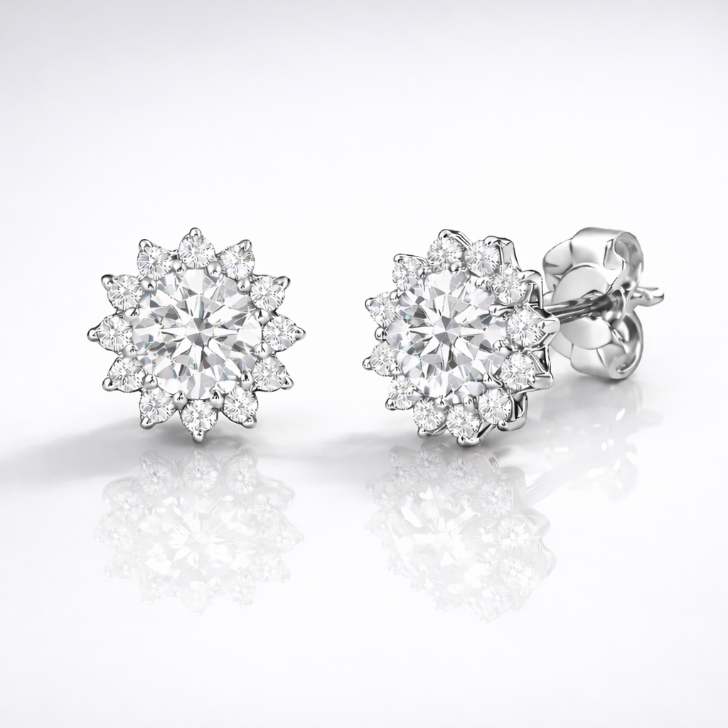 Beautiful Round Cut Diamond Stud Earrings With A Halo Design In Gold
