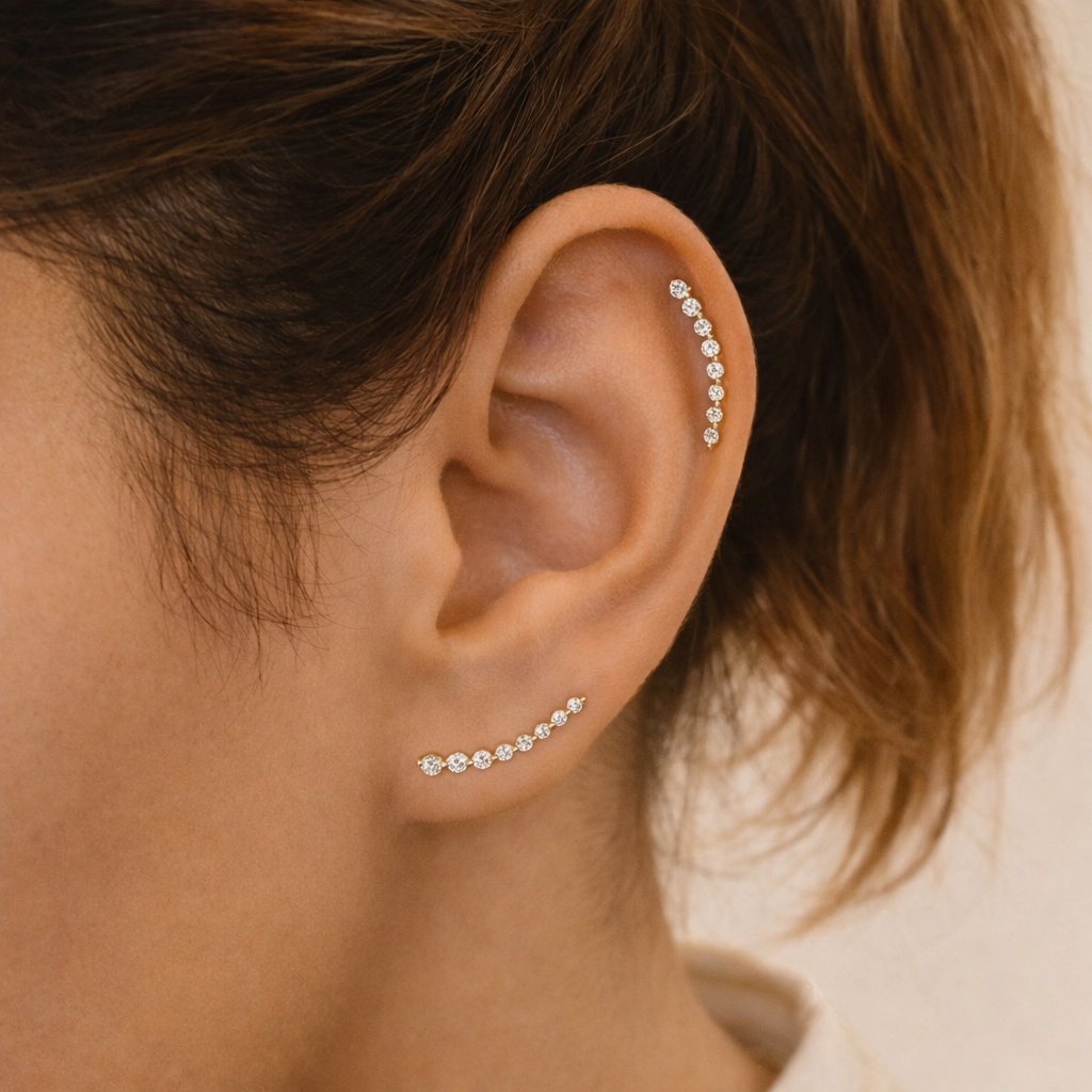 Gold Crawler Earrings With Round Cut Diamond Or Moissanite
