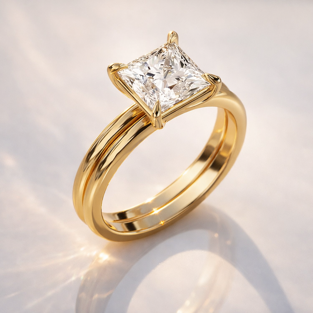 Yellow gold princess cut engagement ring wedding band set
