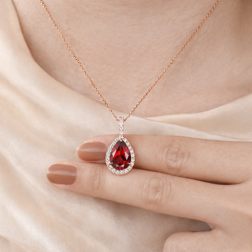 Elegant Garnet Pendant With Diamond Pendant Halo Round Cut Halo Teardrop Pendant Rose Gold Halo Setting Custom Diiro Pendant
