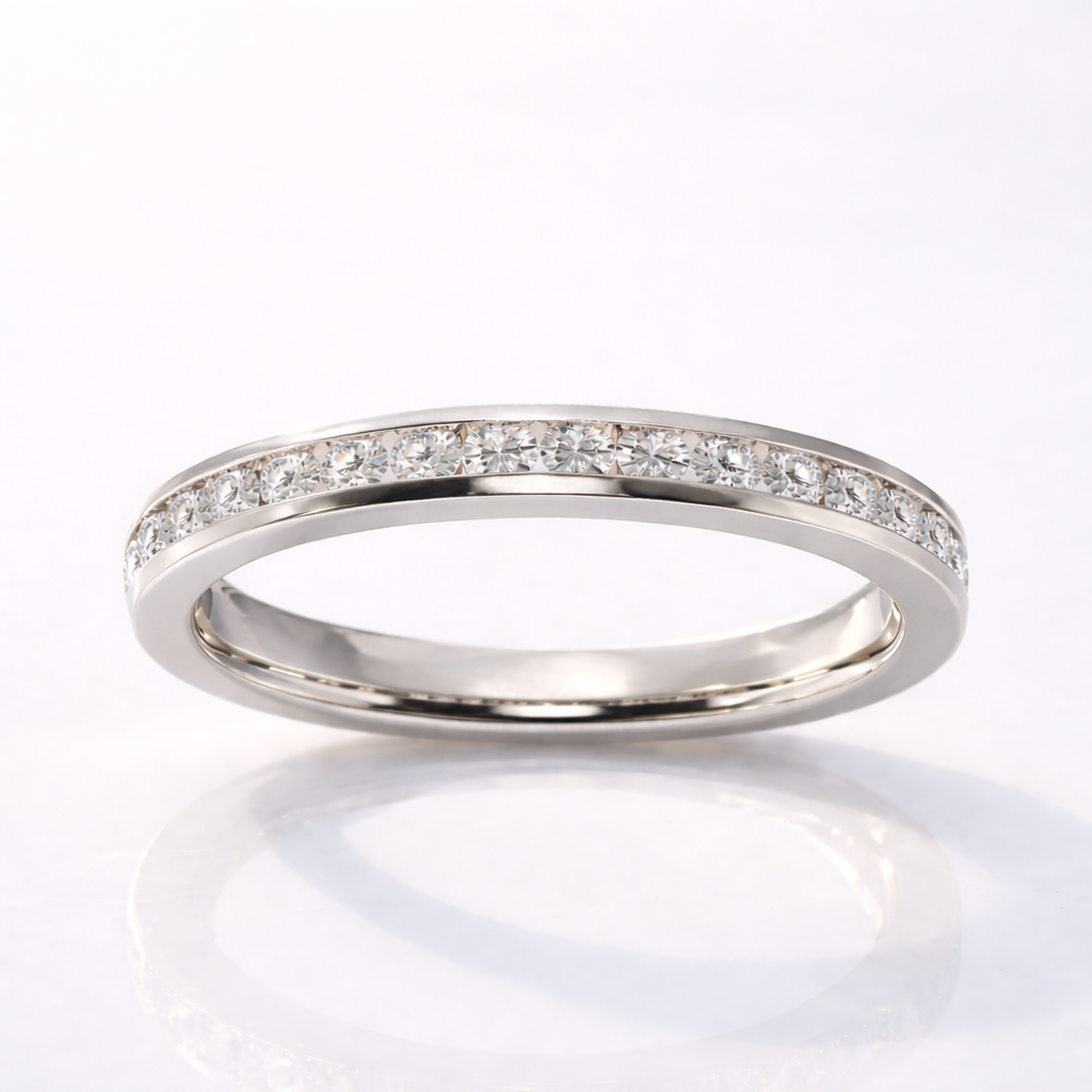 Classic Channel Set Half Eternity Wedding Band With Round Diamonds
