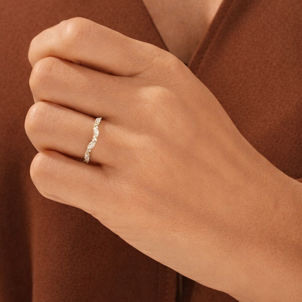 Marquise cut half eternity diamond wedding band in white gold
