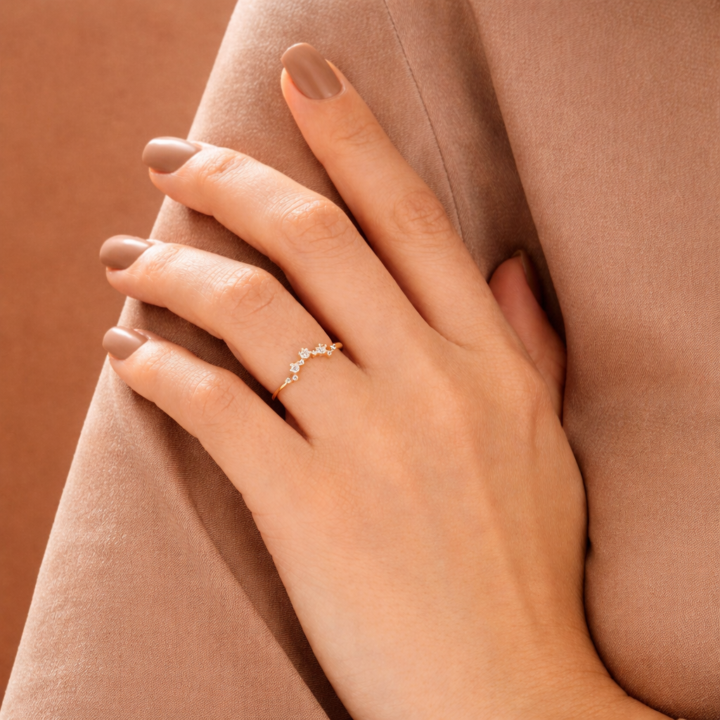 Round cut diamond curved wedding band for stacking
