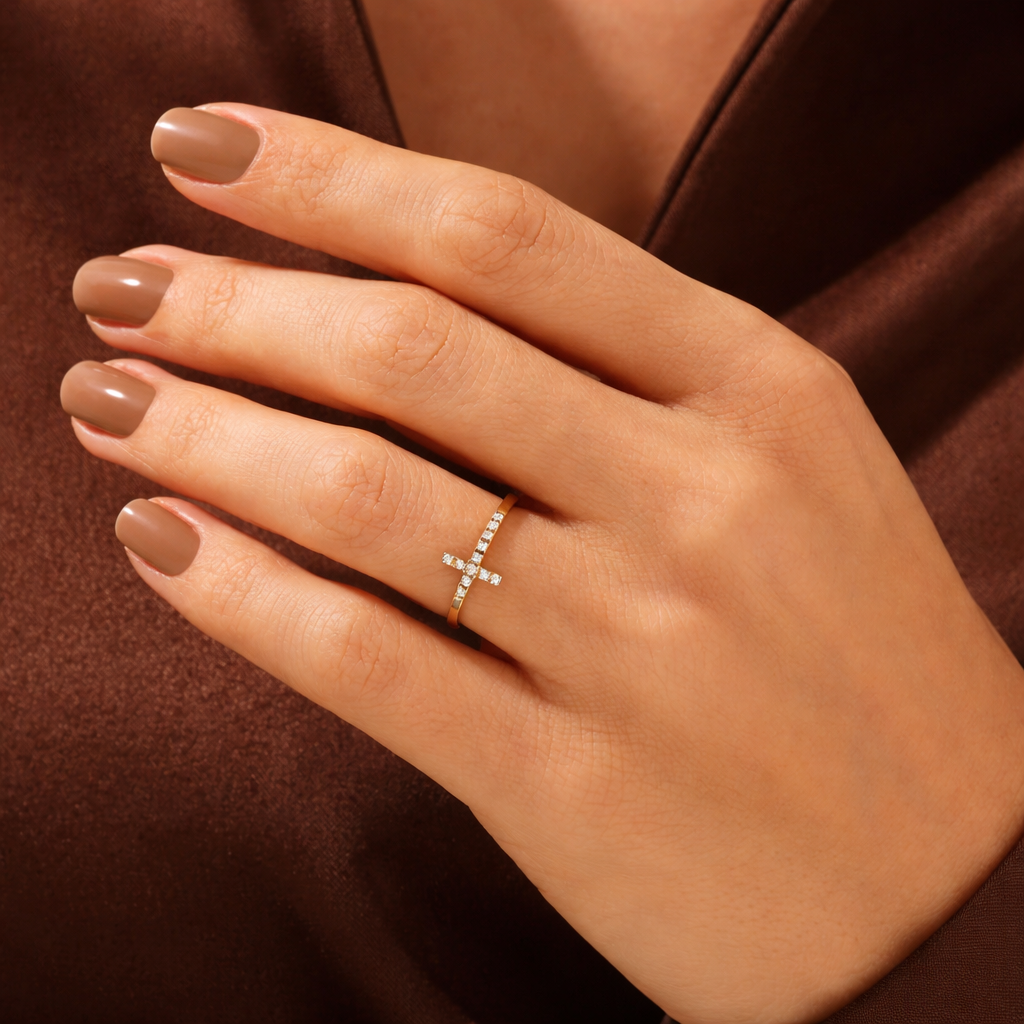 Religious Cross Wedding Band With Round Cut Diamond Or Moissanite
