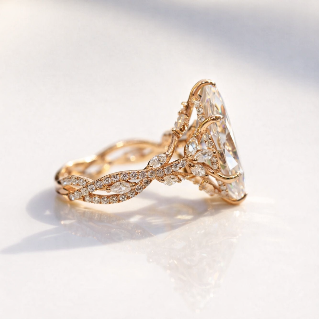 Vintage Marquise Ring Nature Inspired Engagement Ring Floral Design.
