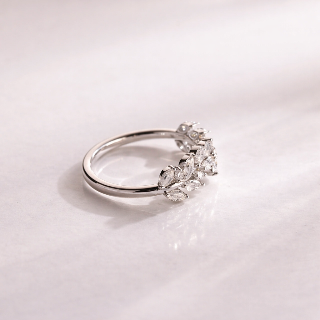 White Gold Leaf Design Open Wedding Band With Marquise Cut Diamonds
