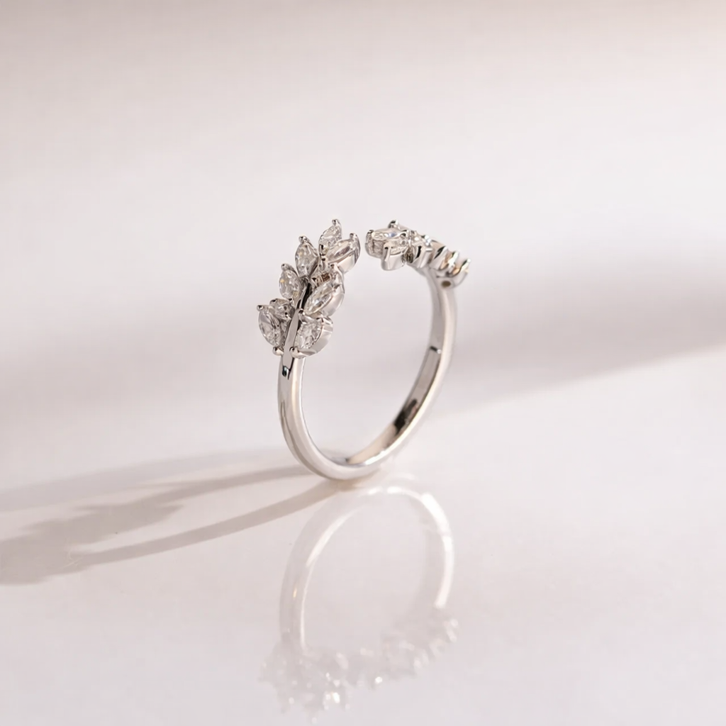 Nature Inspired Leaf Diamond Wedding Band With Open Prong Setting
