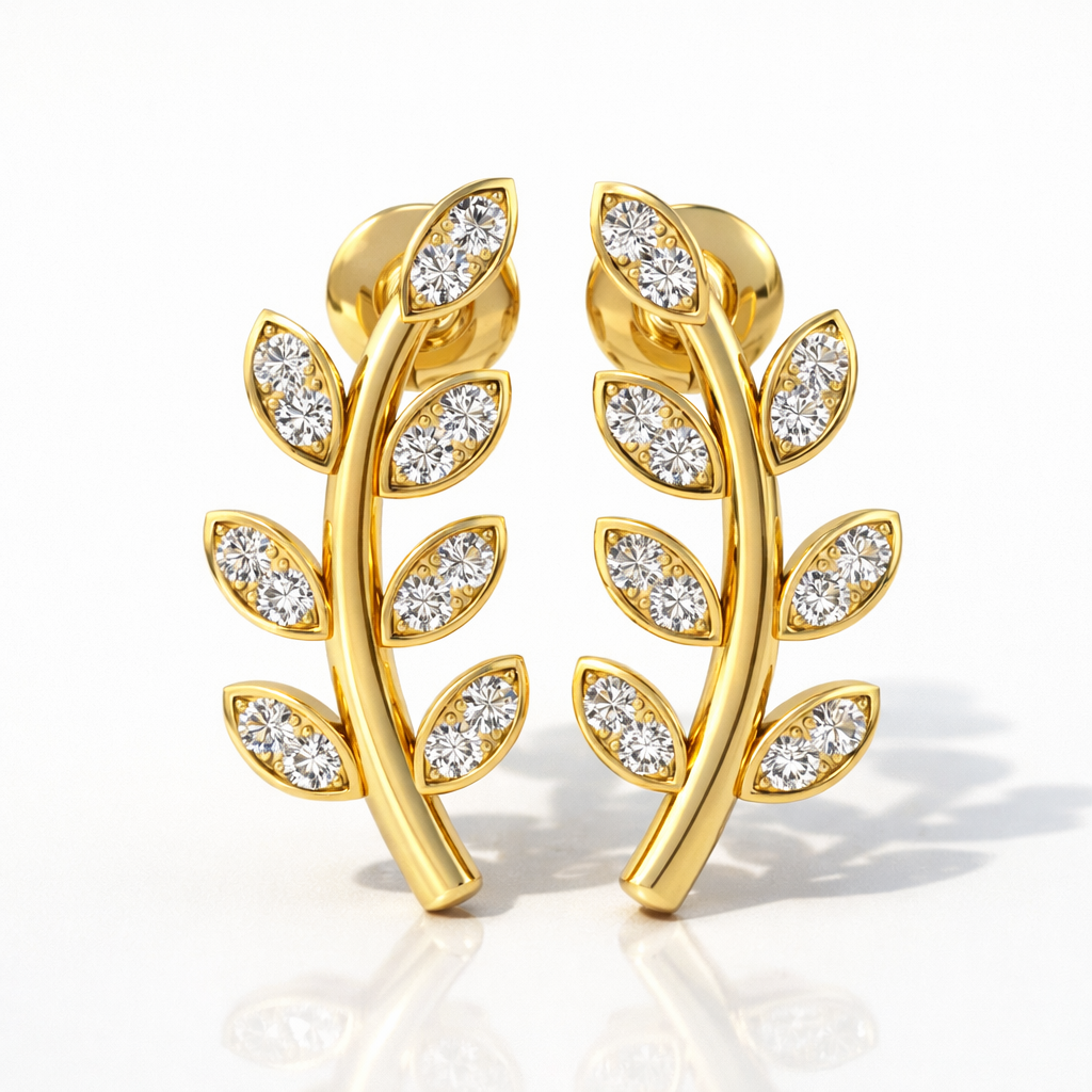 Leaf Shape Gold Diamond Stud Earrings Marquise Cut Outline
