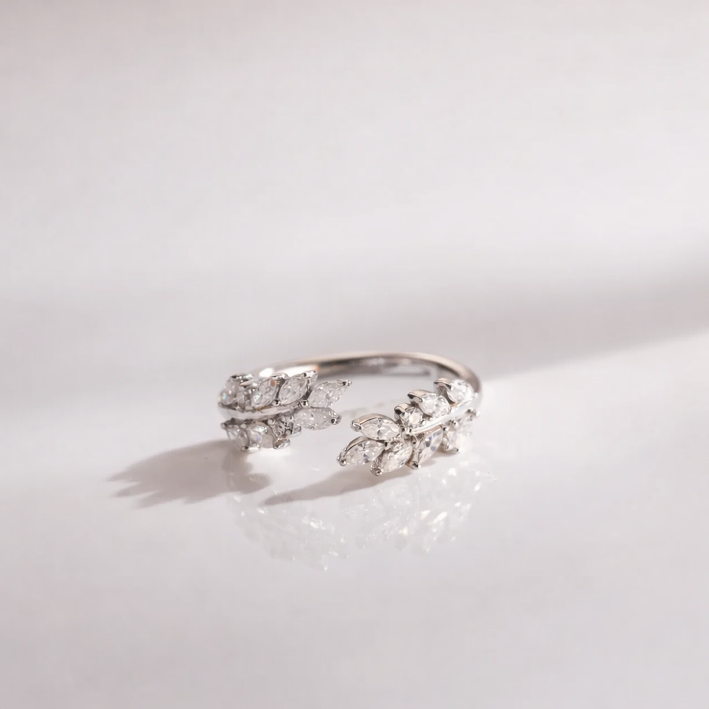 Leaf Diamond Open Wedding Band With Marquise Cut Stones In White Gold
