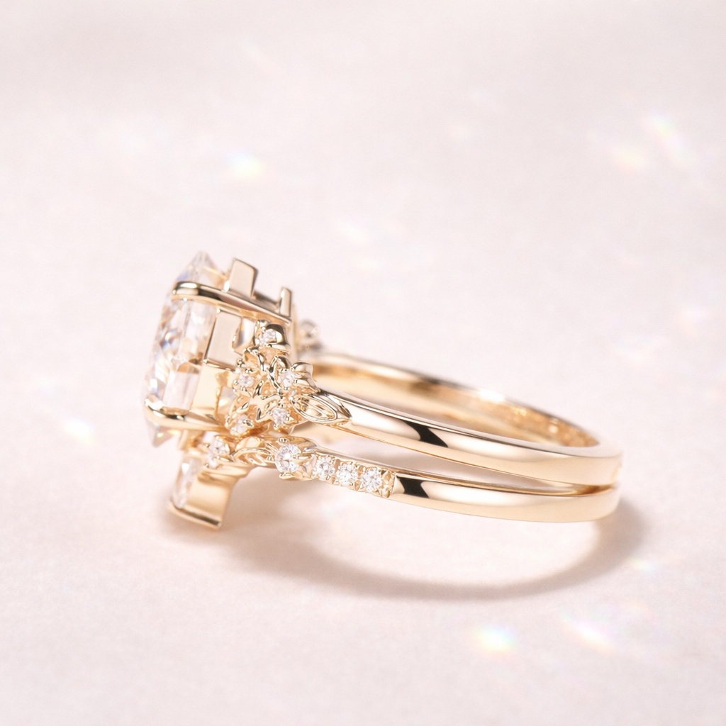 Princess Cut Diamond Ring 4 Round Prong Setting Leaf Band Engagement Ring.
