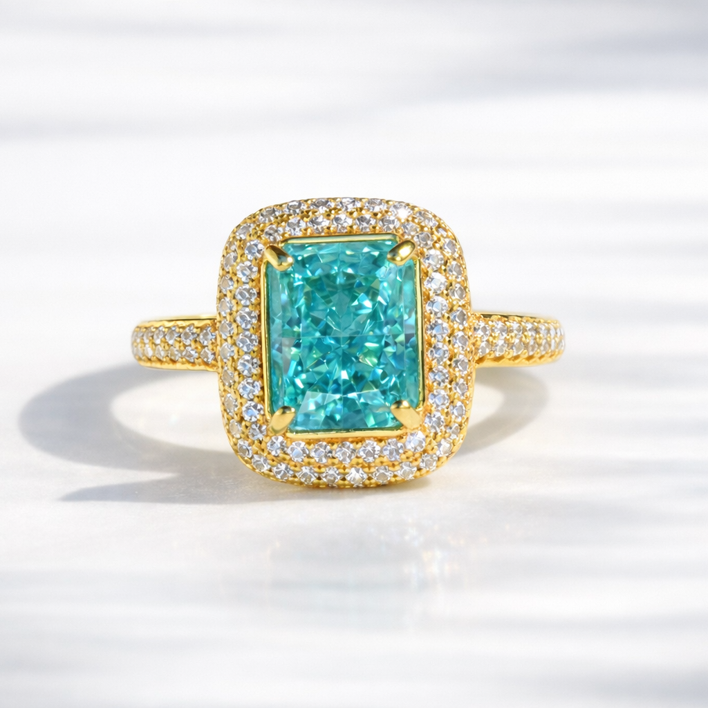 Light Blue Sapphire Ring Double Halo Radiant Cut Engagement Ring.
