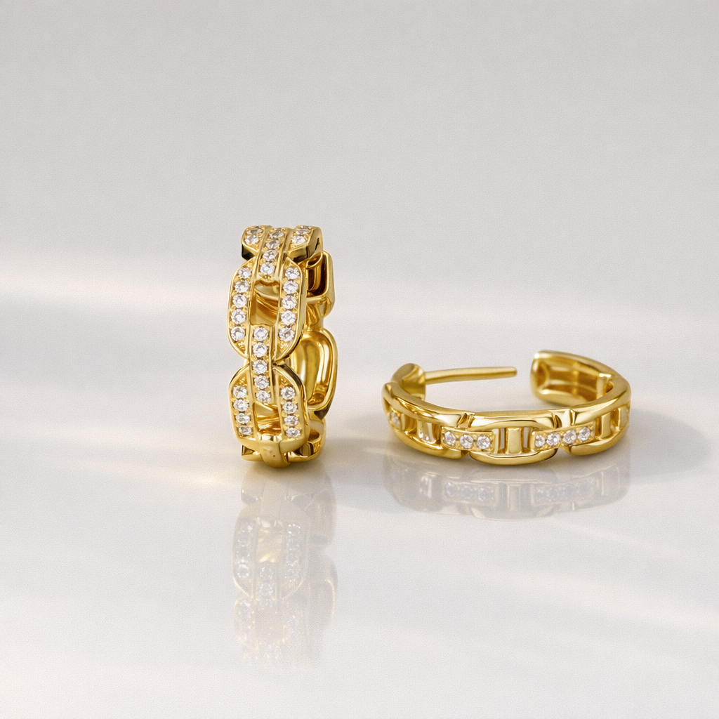 Moissanite Chain Link Hoop Earrings In Gold Setting
