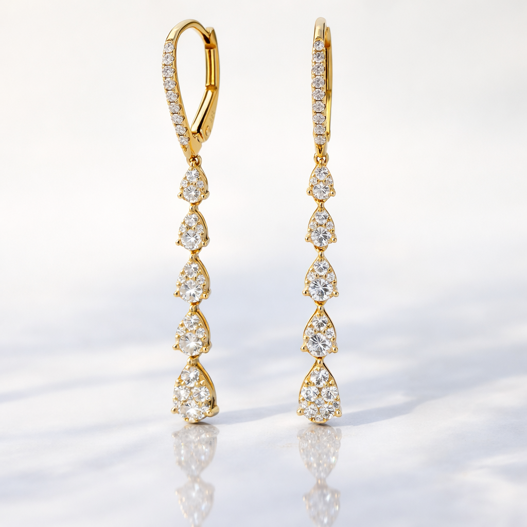 Pear Shape Outline Long Drop Diamond Earrings In Gold
