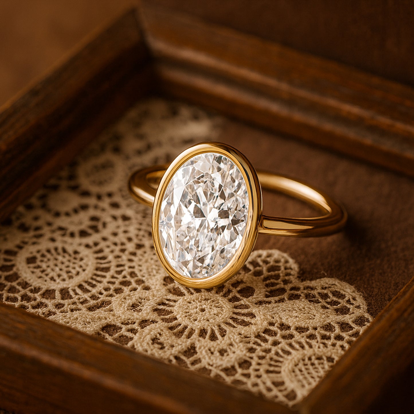Oval-Cut Diamond Bezel Engagement Ring Close-Up - Premium Quality By Diir