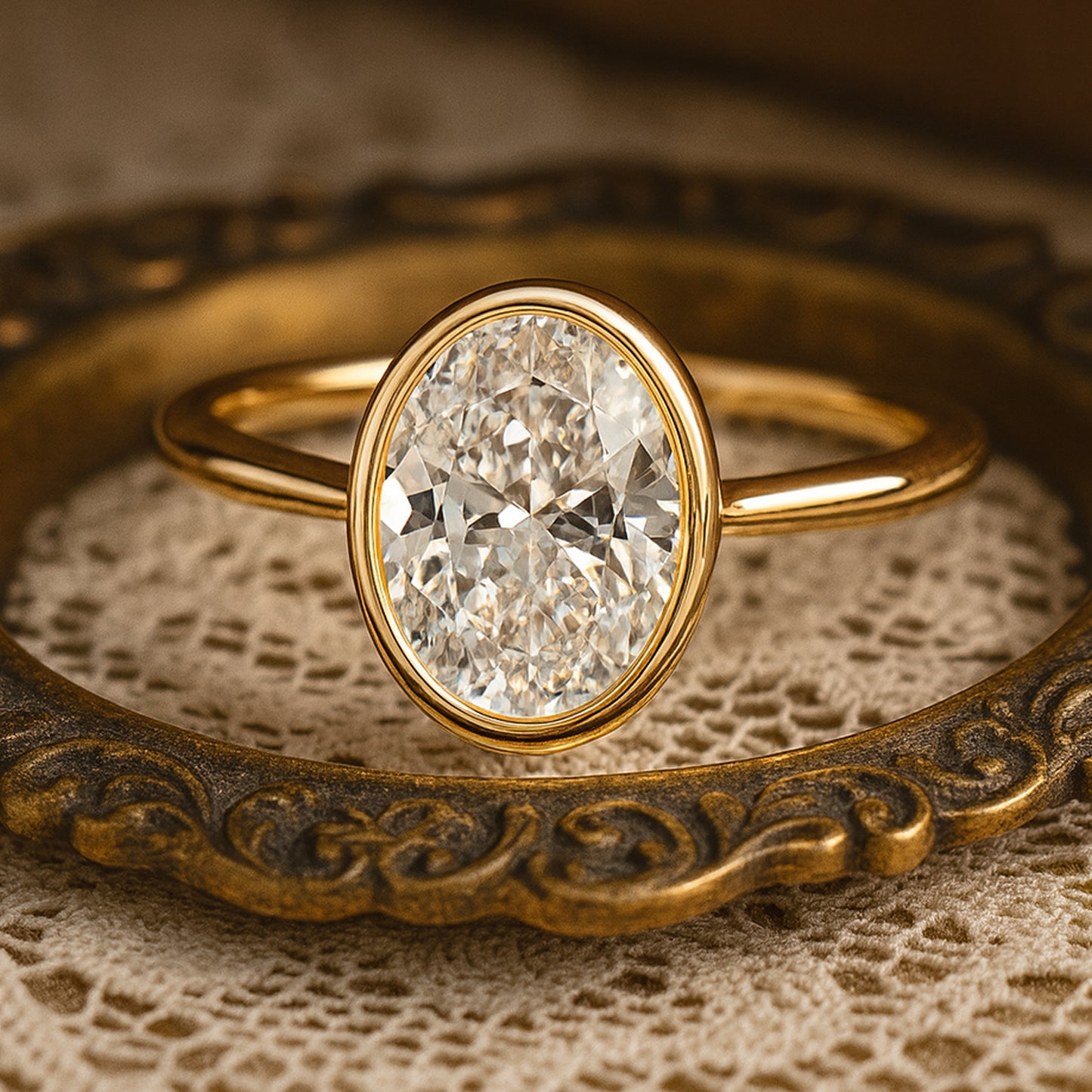 Modern Bezel-Set Oval-Cut Diamond Ring In 18K Gold - Elegant Solitaire Engagement Design