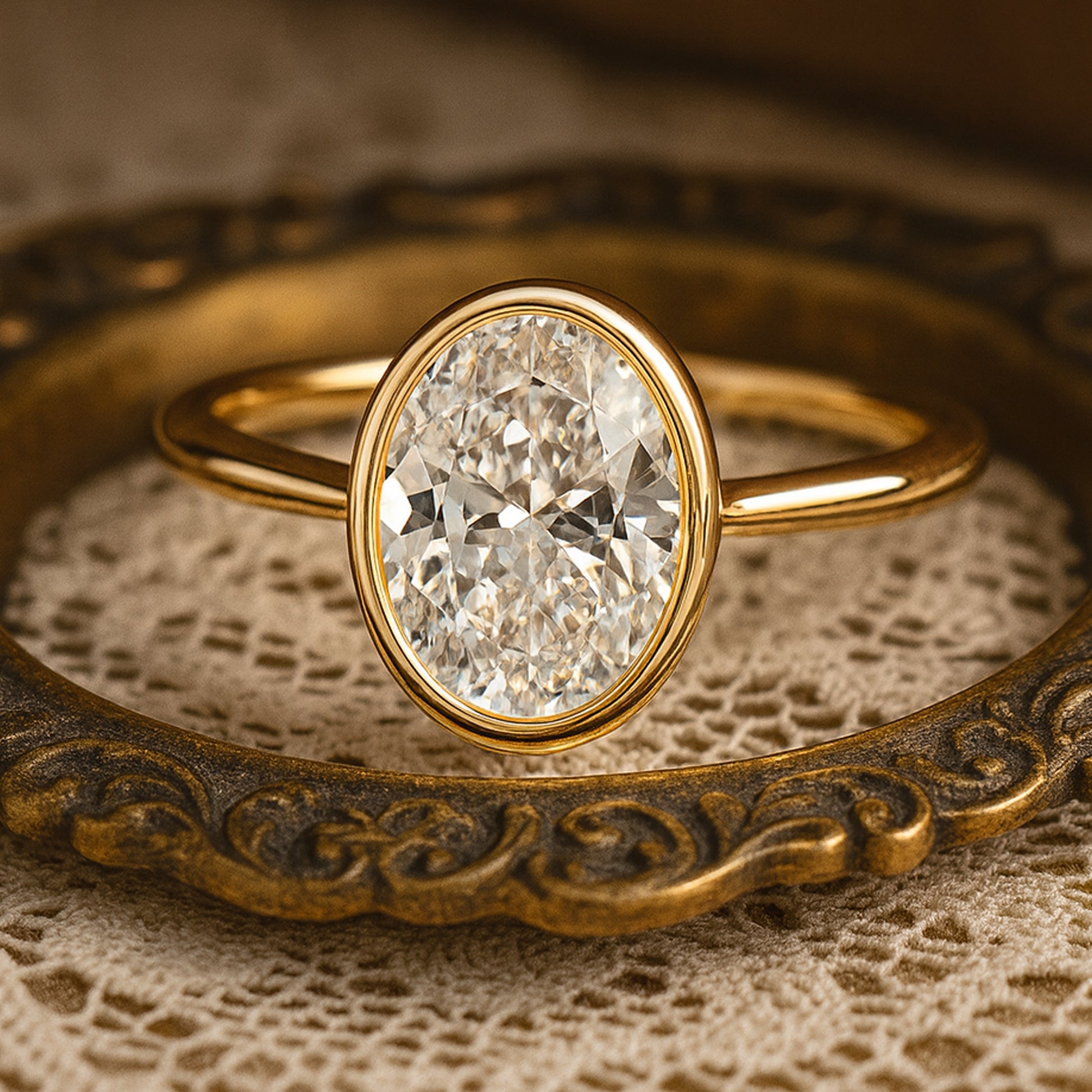 Modern Bezel-Set Oval-Cut Diamond Ring In 18K Gold - Elegant Solitaire Engagement Design