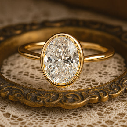 Modern Bezel-Set Oval-Cut Diamond Ring In 18K Gold - Elegant Solitaire Engagement Design