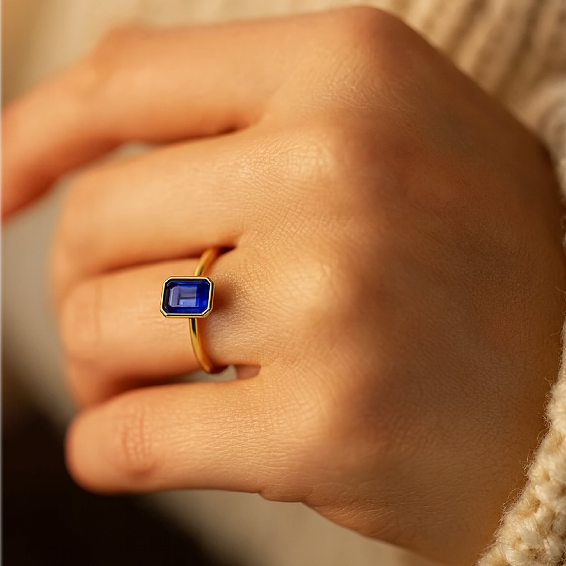 Emerald Cut Blue Sapphire Rings In Yellow White And Rose Gold