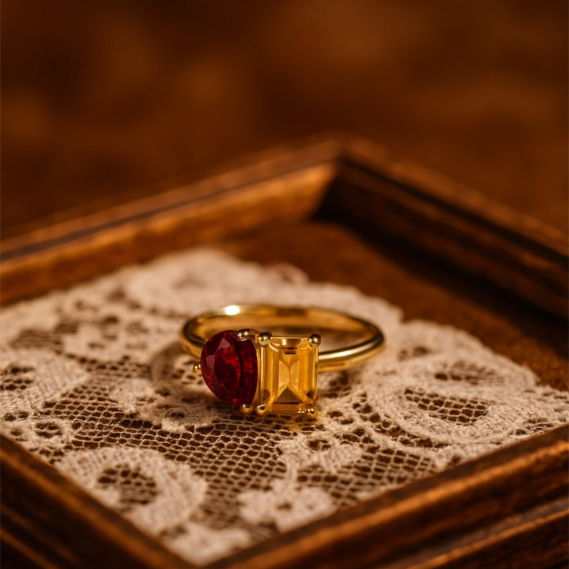 Pear Ruby And Emerald Cut Yellow Sapphire Ring In Solid Gold