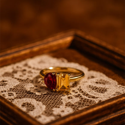 Pear Ruby And Emerald Cut Yellow Sapphire Ring In Solid Gold