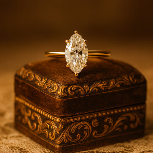 Marquise Cut Moissanite Engagement Ring For Women With Diamond-Like Brilliance In Classic Gold Band.