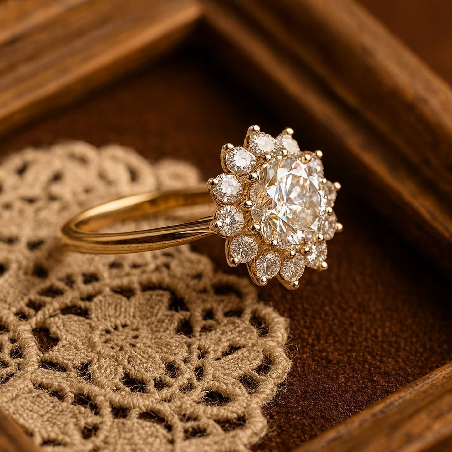 Wedding Gift Ring 10K Yellow Gold Moissanite Halo Design With Classic Flower Pattern And Diamond Glow
