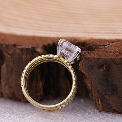 Double Band Emerald Ring, Moissanite Gold Engagement Fine Jewelry With Style