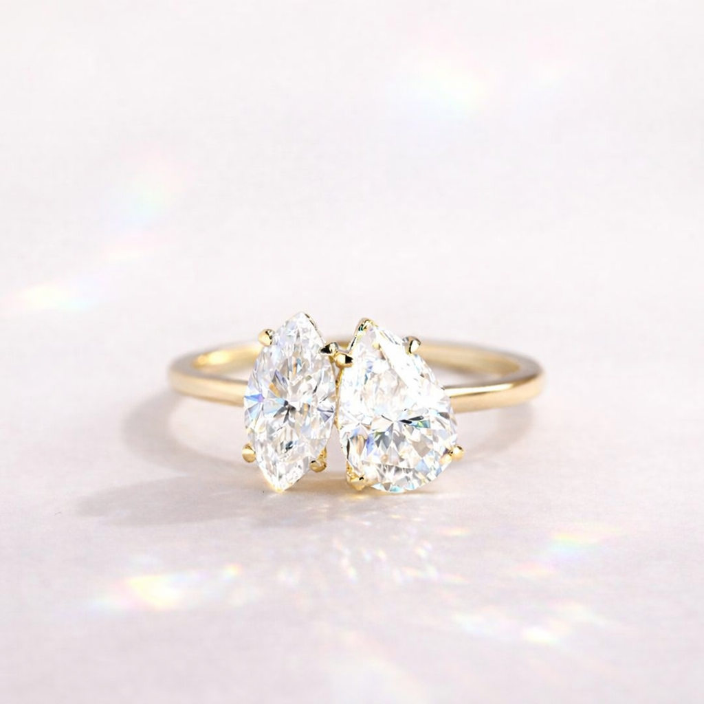 Marquise And Pear Engagement Ring Two Stone Yellow Gold Claw Prong Setting.
