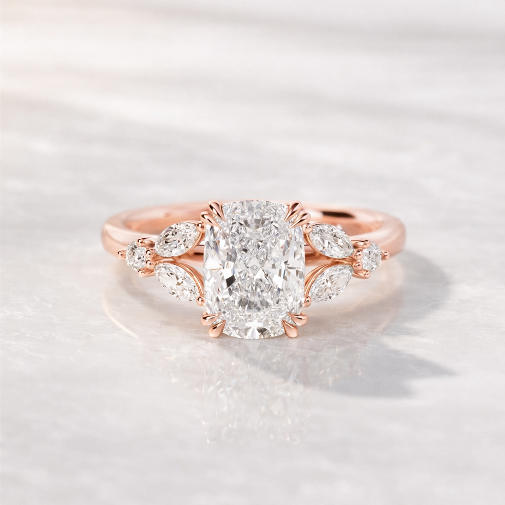 Elongated Cushion Cut Engagement Ring With Double Claw Prong Setting
