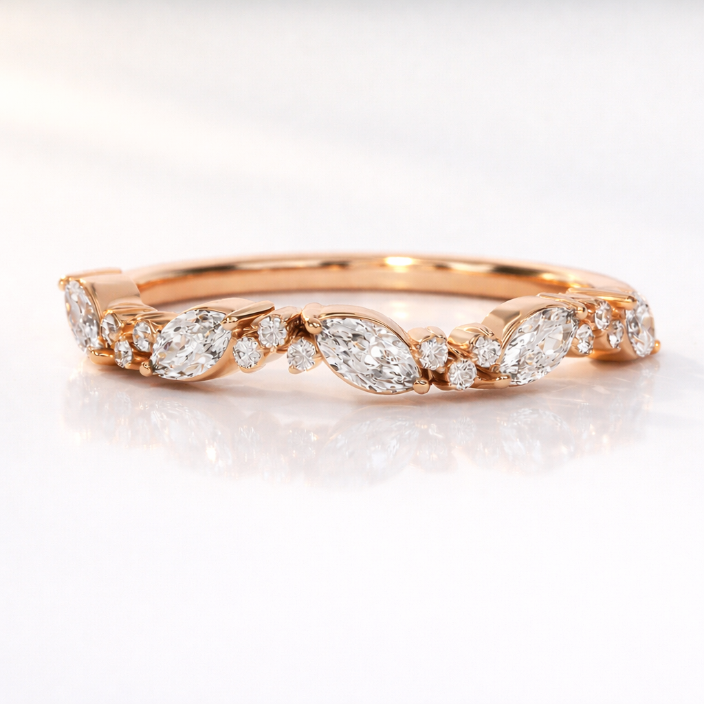 Dainty half eternity wedding band with sparkling diamonds
