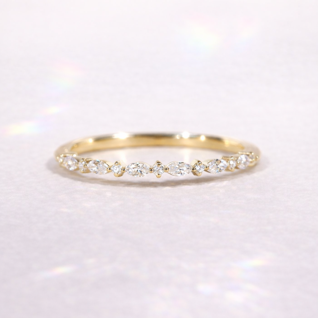 Marquise And Round Diamond Band Yellow Gold Wedding Band Half Eternity Style.
