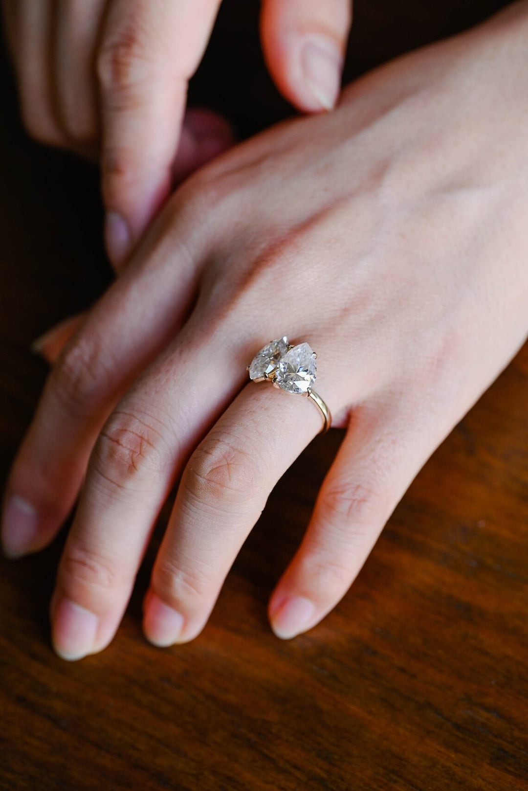 Pear Cut Diamond Or Moissanite Toi Et Moi Ring Yellow Gold Setting.
