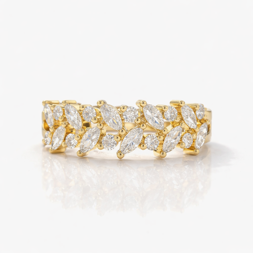 Yellow Gold Wedding Band With Marquise And Round Stones

