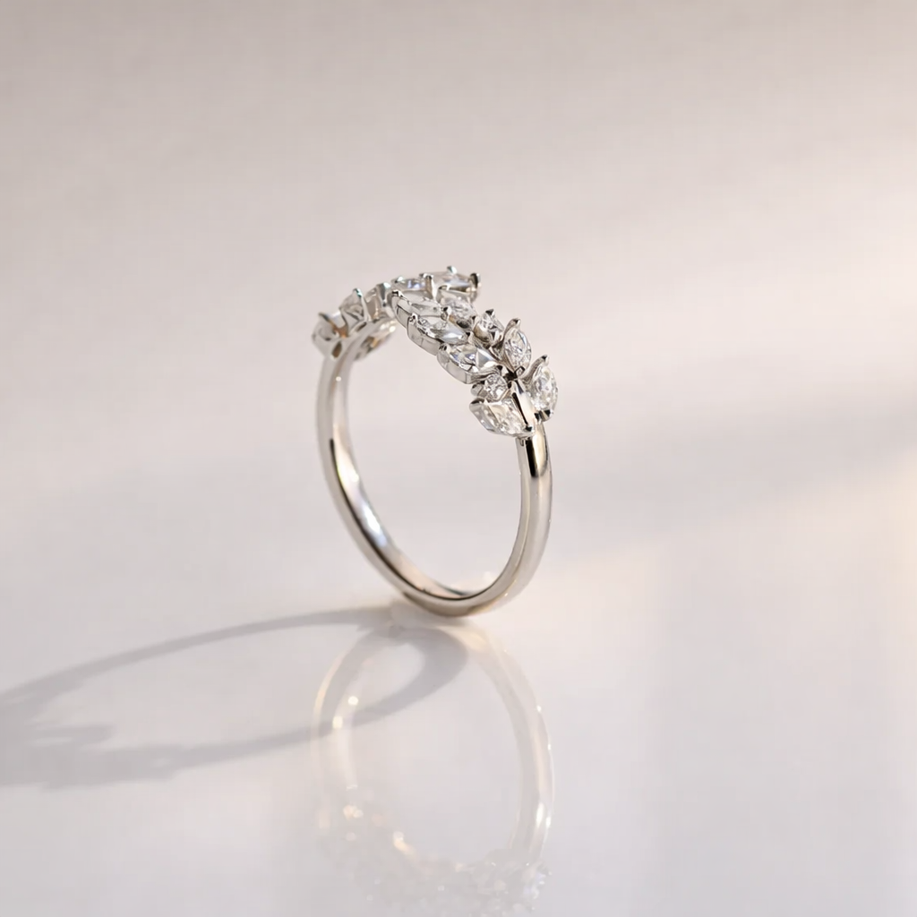 Open Leaf Wedding Band With Marquise Cut Diamond Or Moissanite Accents
