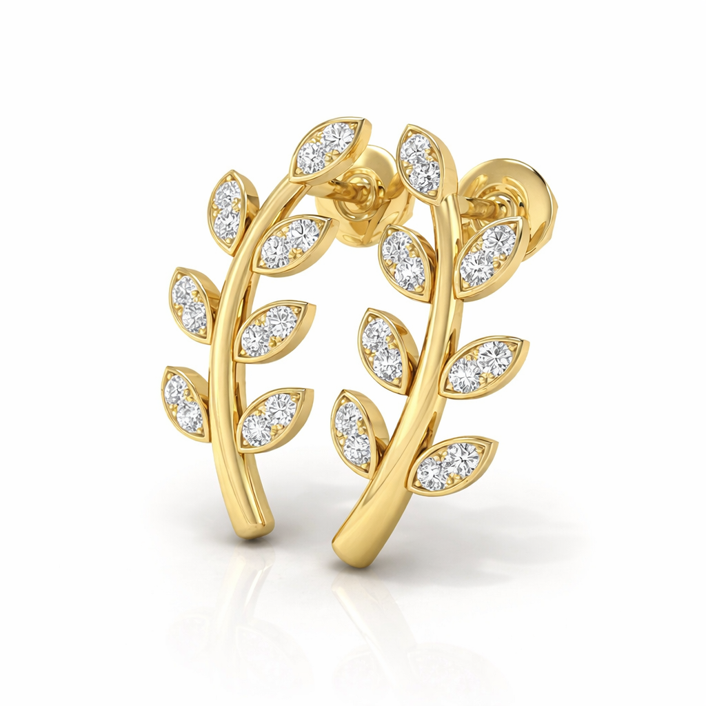 Leaf Shape Diamond Earrings In Yellow Gold Marquise Outline

