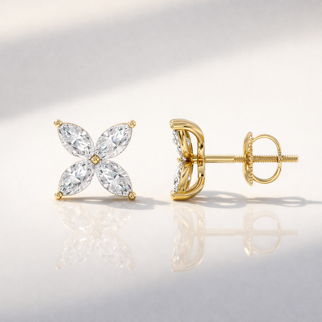 Marquise Flower Diamond Earrings In White Gold Prong Setting
