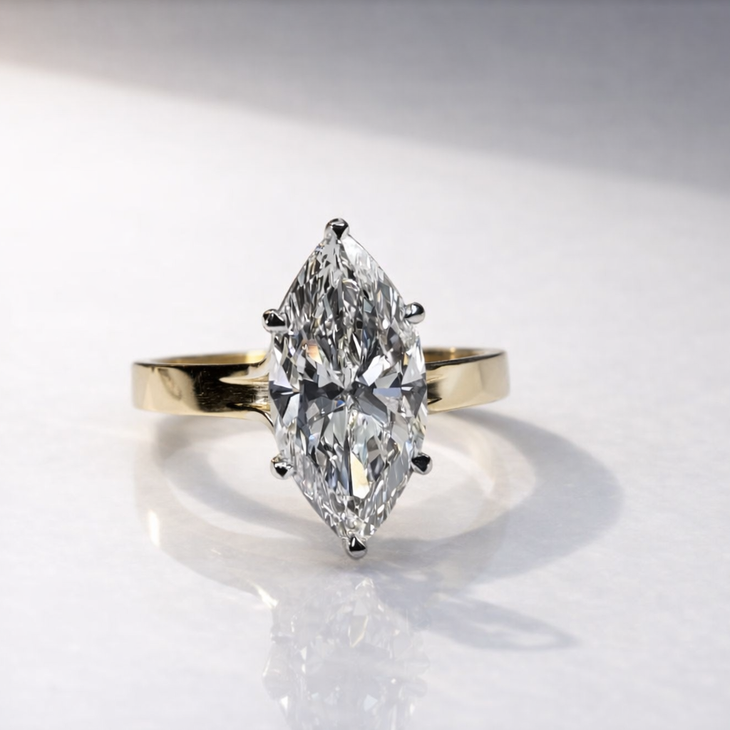 Marquise Solitaire Diamond Ring With 6 Claw Prong Setting In Two Metal Design
