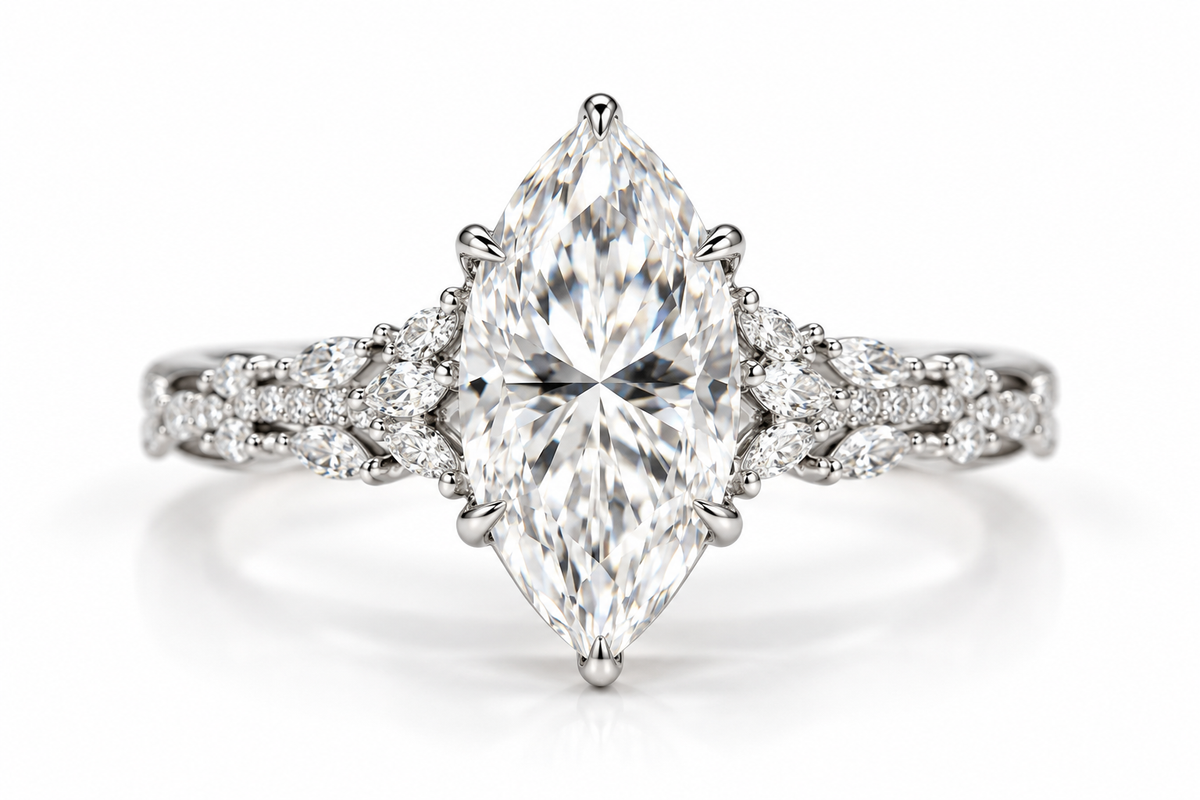 Polished silver marquise diamond engagement ring with floral diamond accents