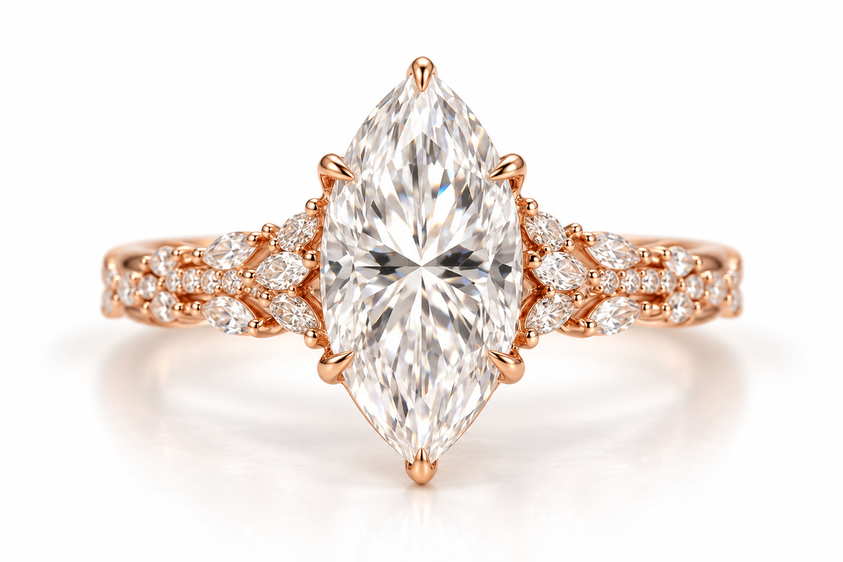 18K rose gold vermeil marquise diamond engagement ring with floral diamond accents