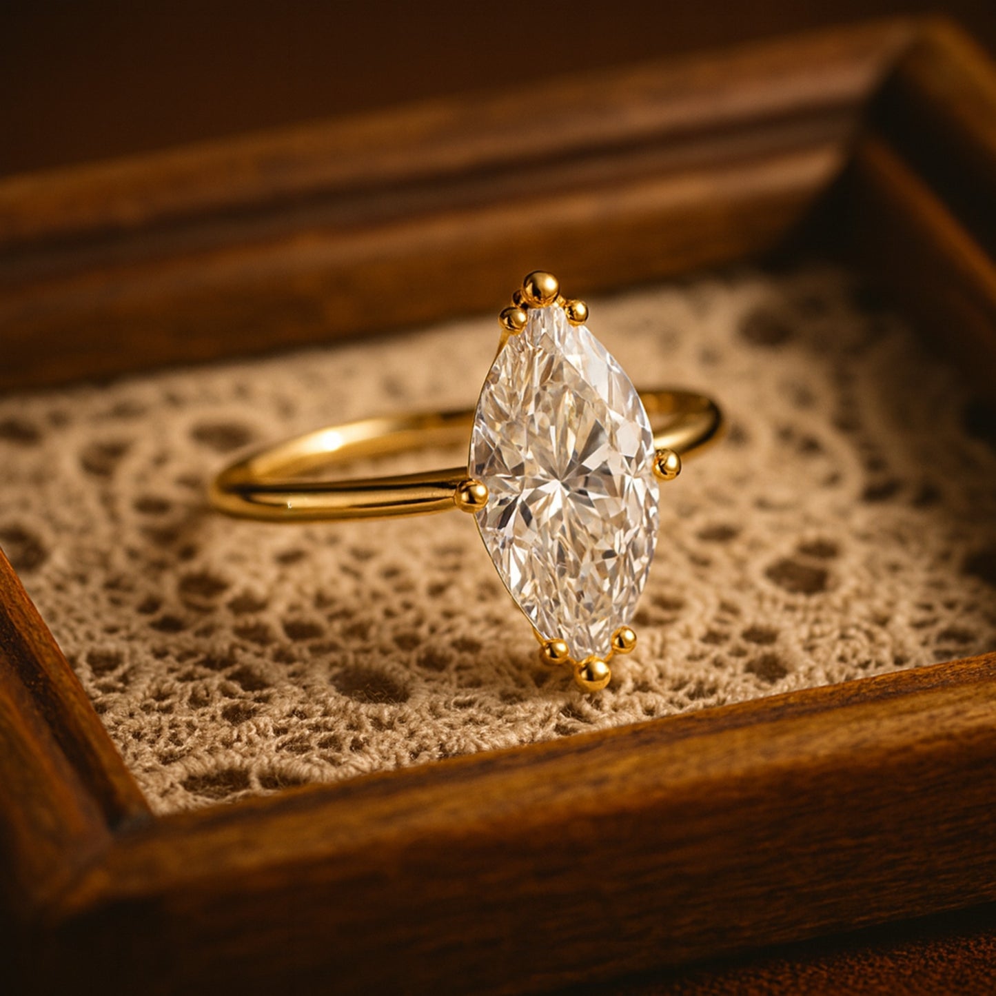 Marquise Cut Diamond Solitaire Ring in Yellow Gold 4-Prong Setting – Elegant Bridal Jewelry