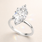 Silver ring with a large diamond on a light beige background