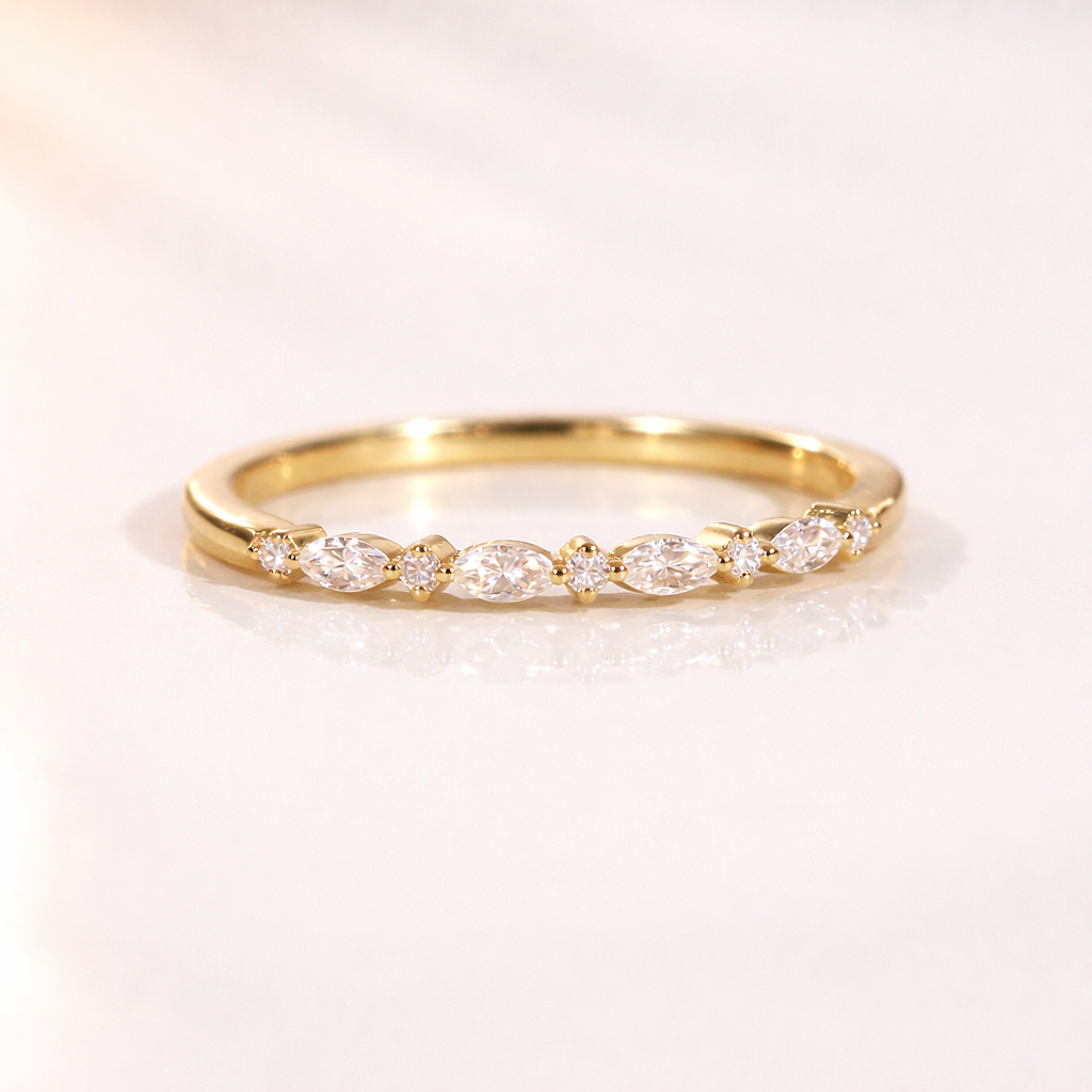 Marquise Diamond Band Custom Wedding Band Prong Setting Yellow Gold Stackable Band.
