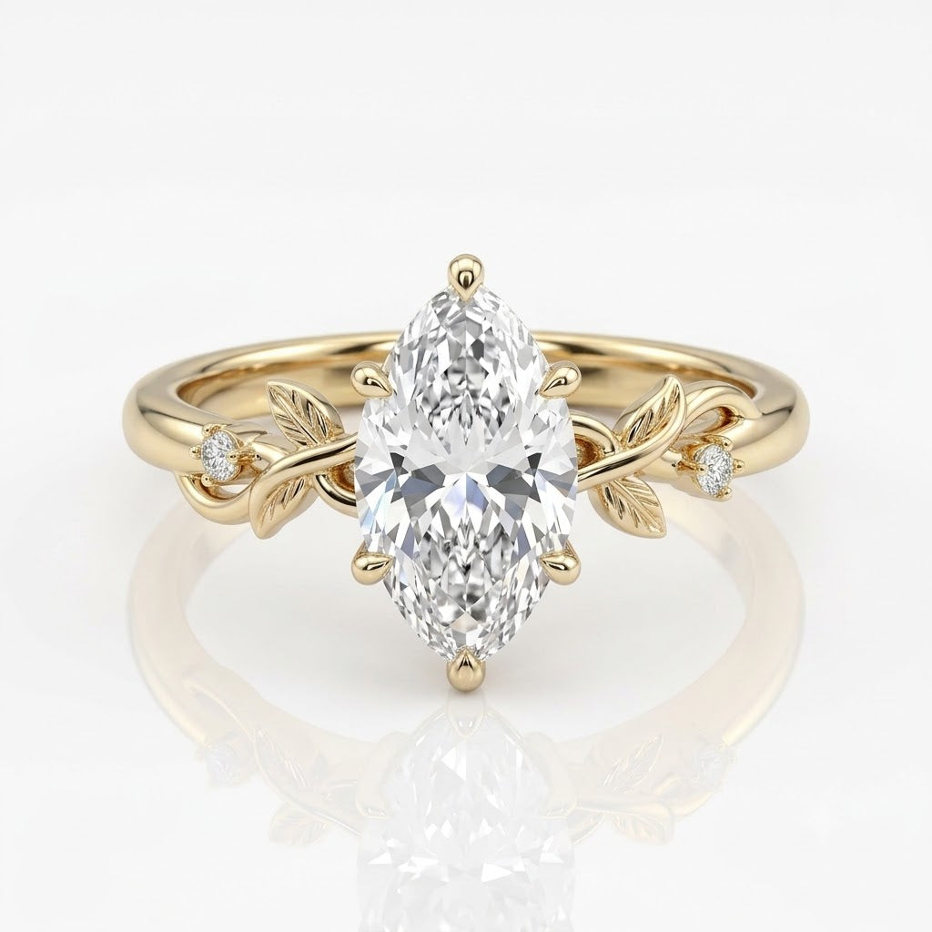 A yellow gold marquise-cut diamond engagement ring with small diamond accents on the band, shown on a clean white background with a soft reflection below.