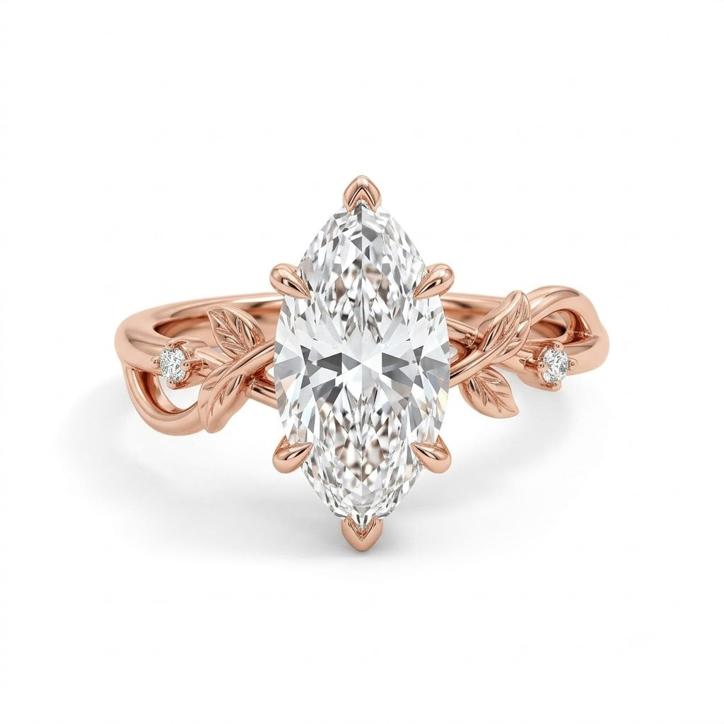 Rose gold marquise engagement ring with a large oval-cut center stone and small accent diamonds on the band, shown on a clean white background.